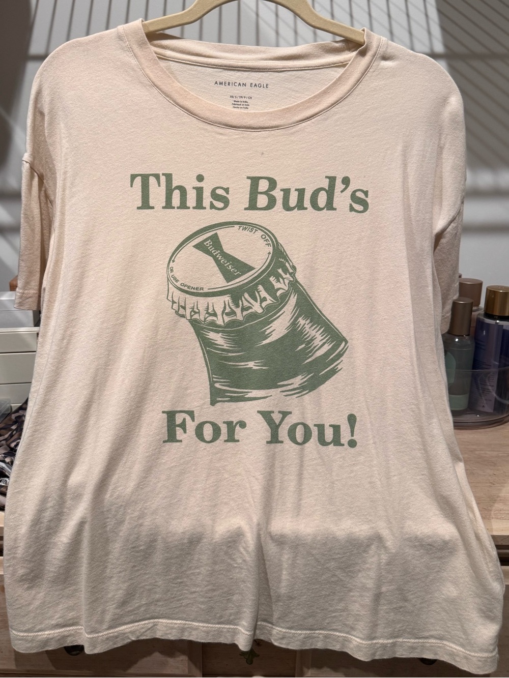 American Eagle Outfitters Cream Graphic Tee with Green Print